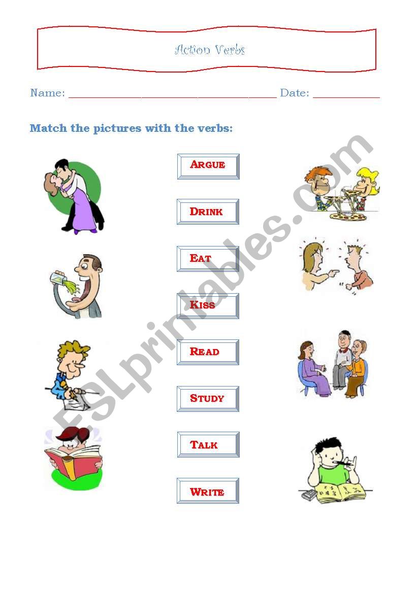 Action Verbs Matching List worksheet