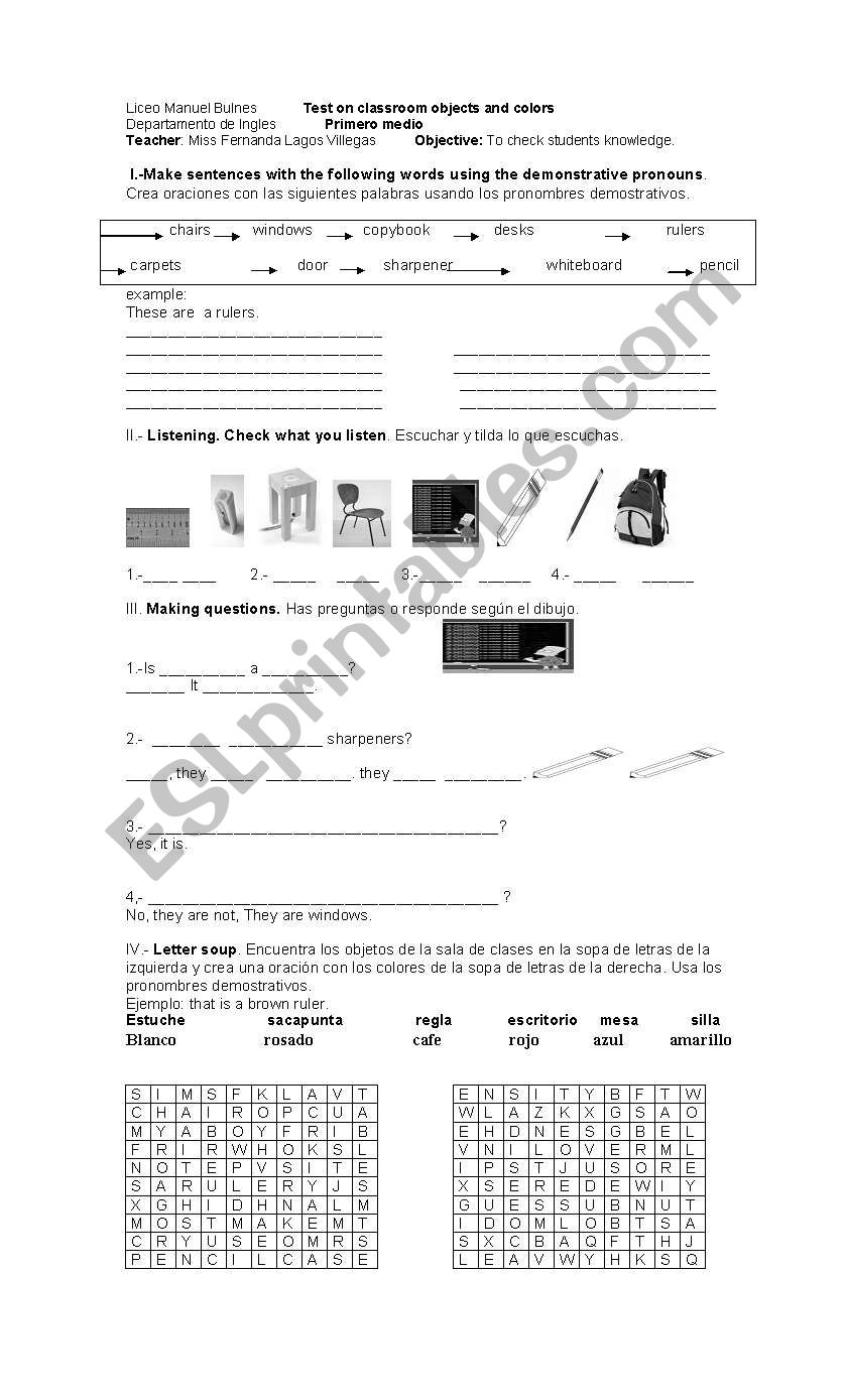 test on clothes and colours worksheet