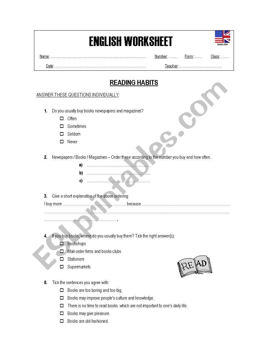 Reading Habits worksheet