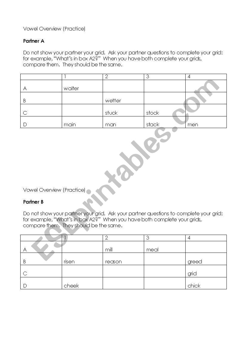 Front Vowels Info Gap worksheet