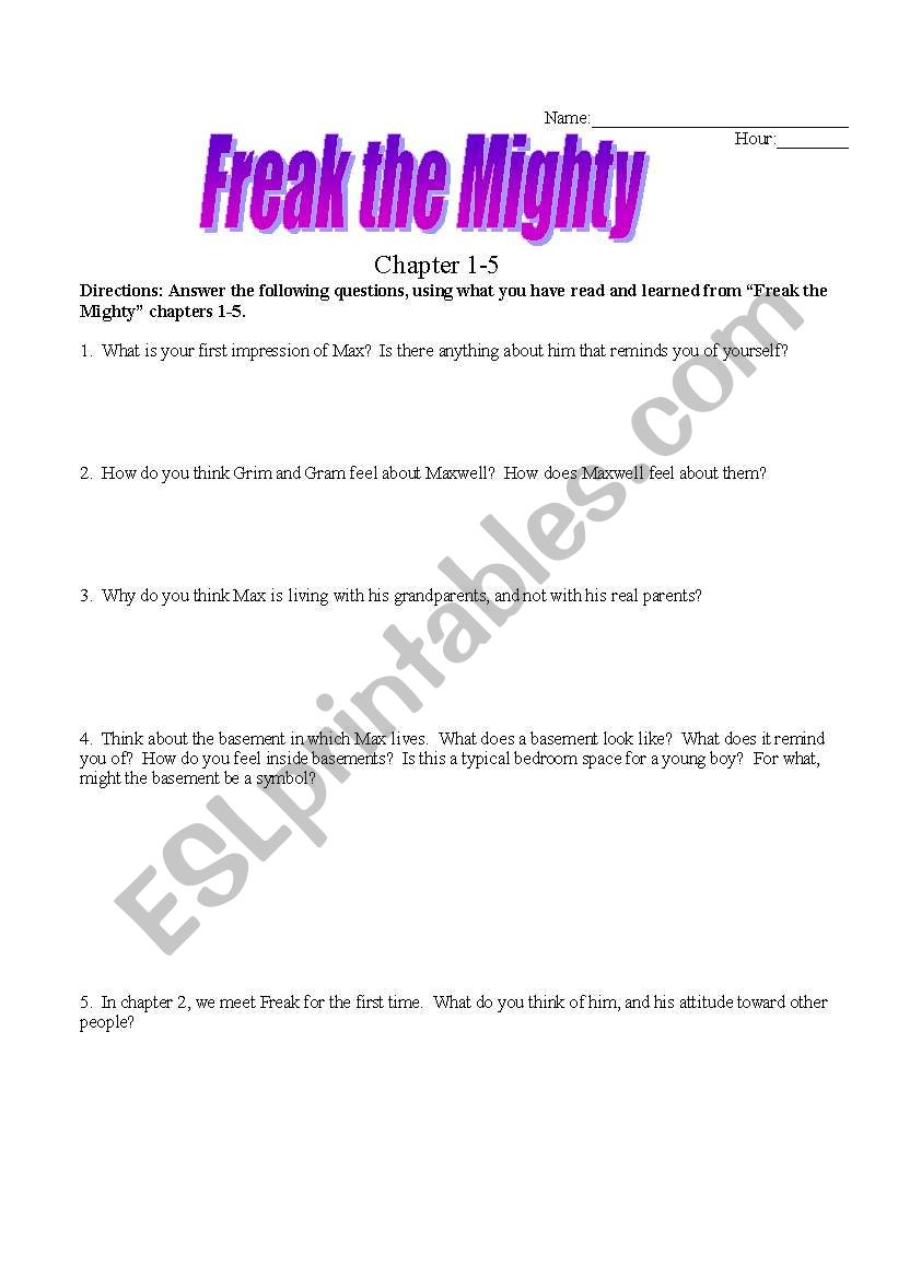 Freak the Mighty Chpts 1-5 worksheet