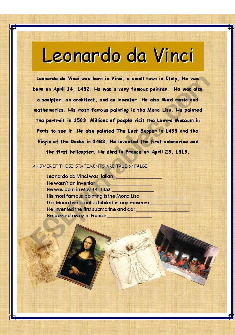 LEONARDO DA VINCI READING (true / false exercise)