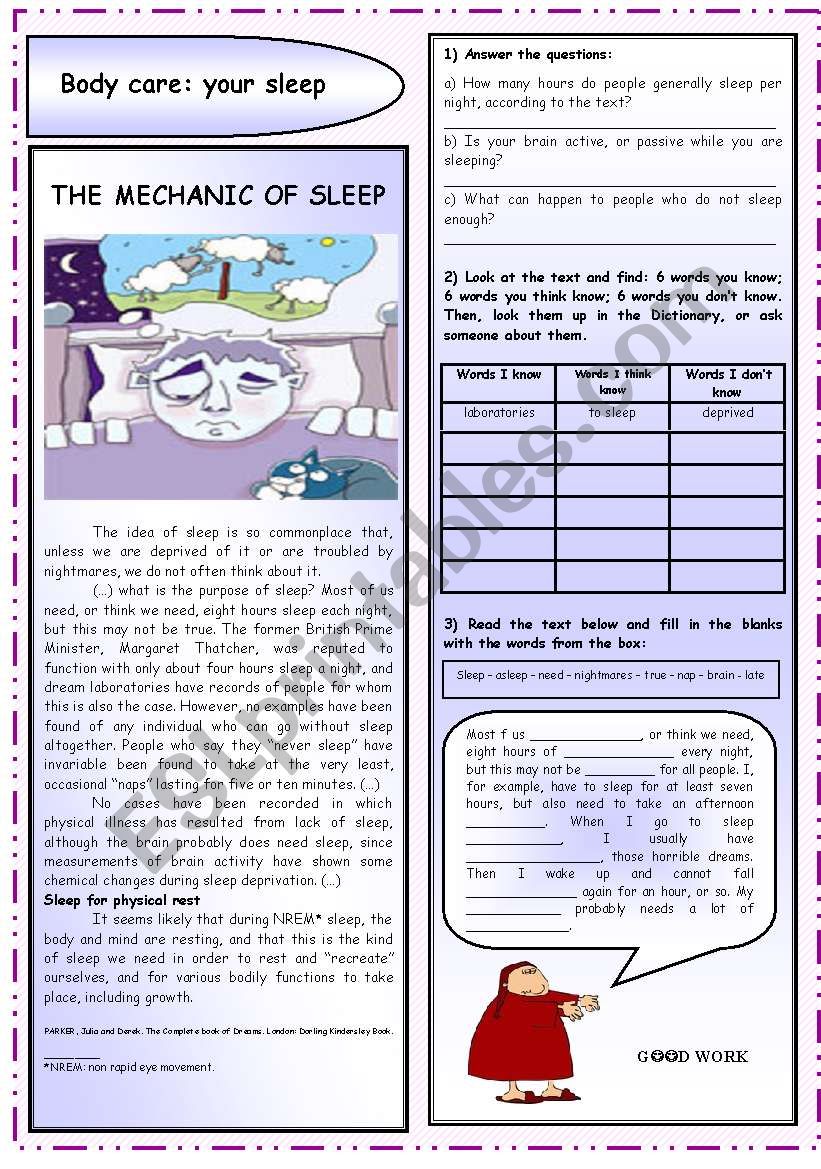 BODY CARE: YOUR SLEEP  worksheet
