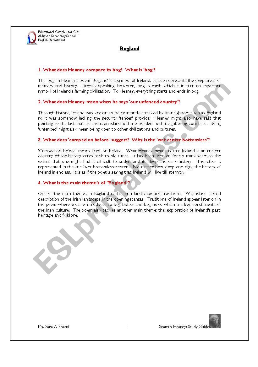 Bogland Short Questions worksheet