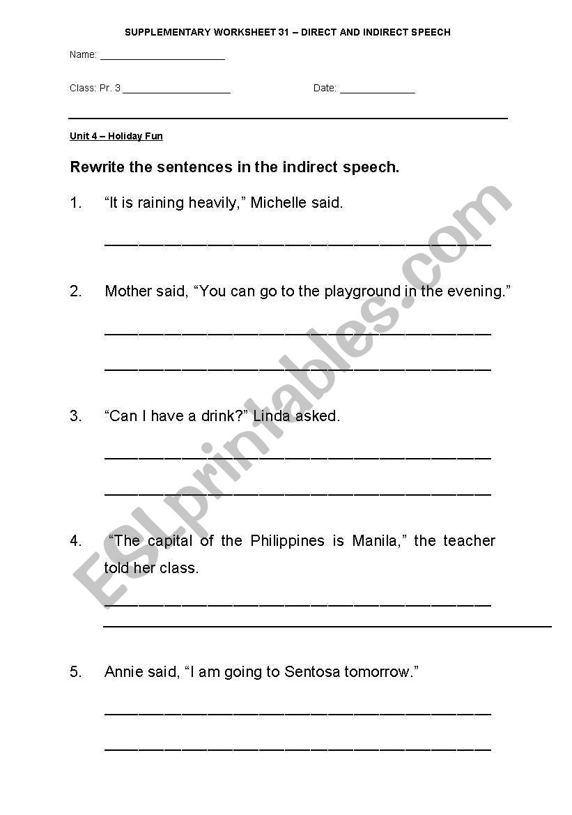 direct and indirect speech worksheets for beginners