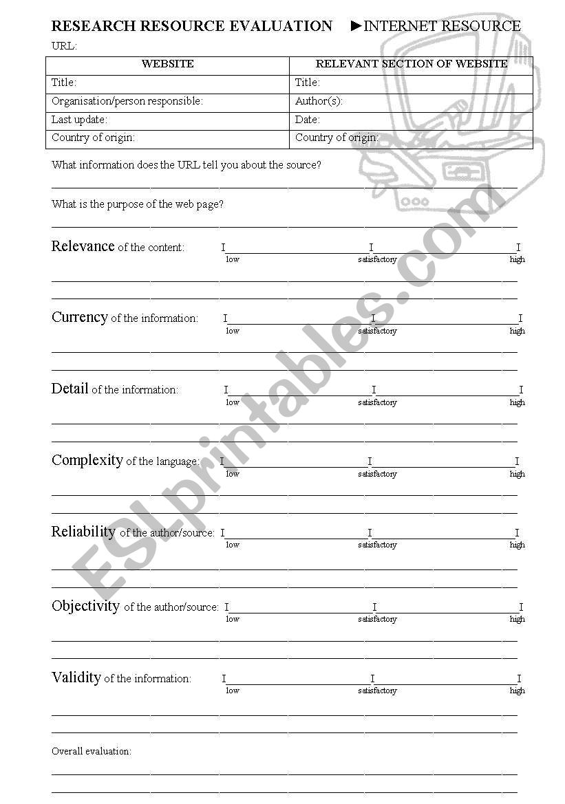 RESEARCH RESOURCE EVALUATION - INTERNET RESOURCE