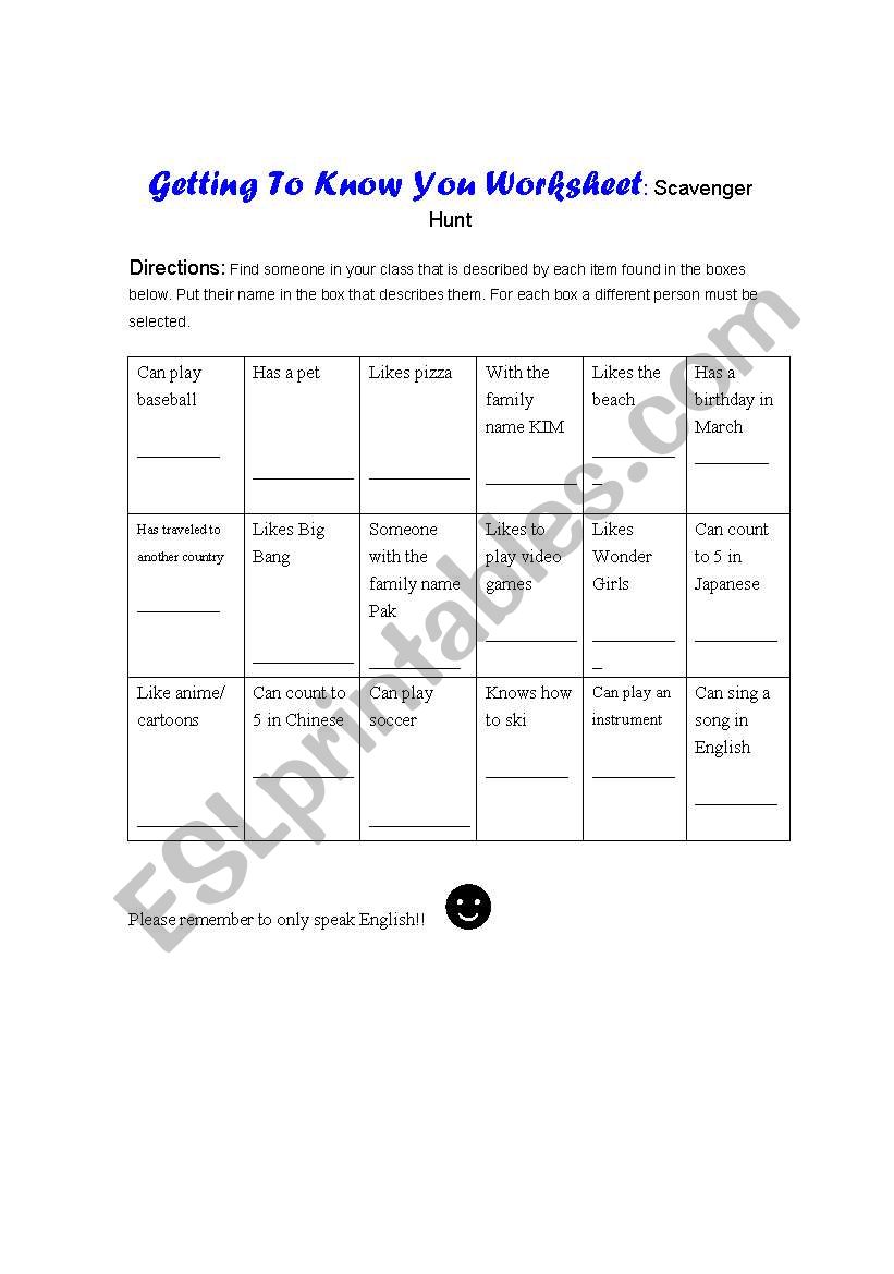 Getting to know you worksheet