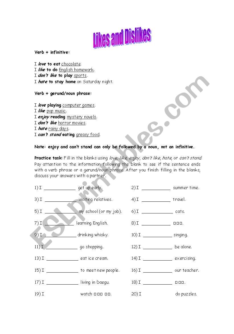 Likes and Dislikes worksheet