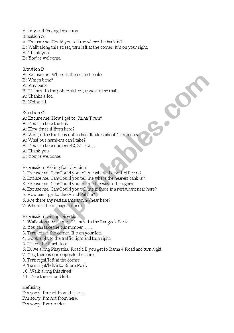 asking and giving directions worksheet