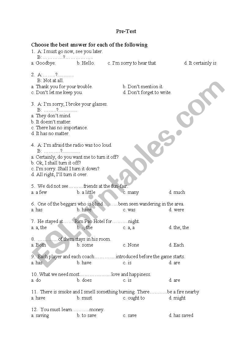 pre-test worksheet