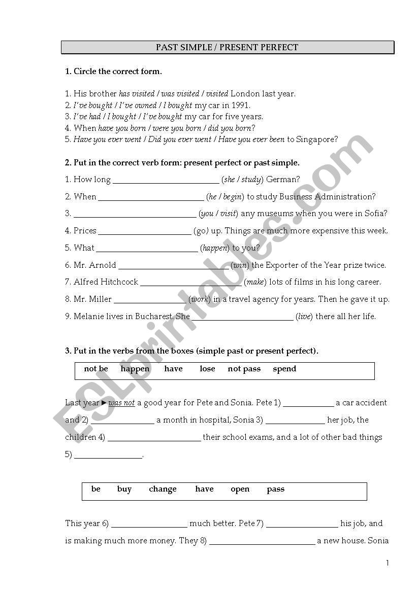 Simple Past/Present Perfect Woorksheets (mix of different types of exercises)