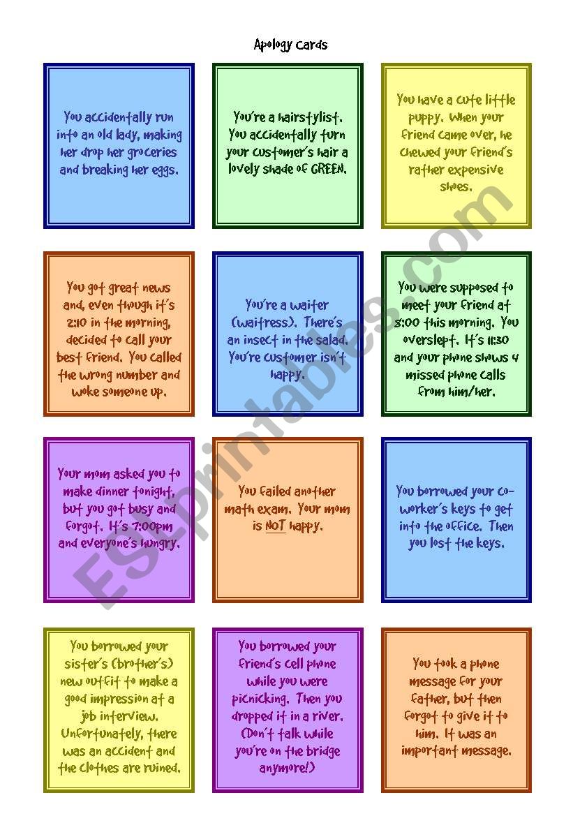 Apology Role Play Cards worksheet