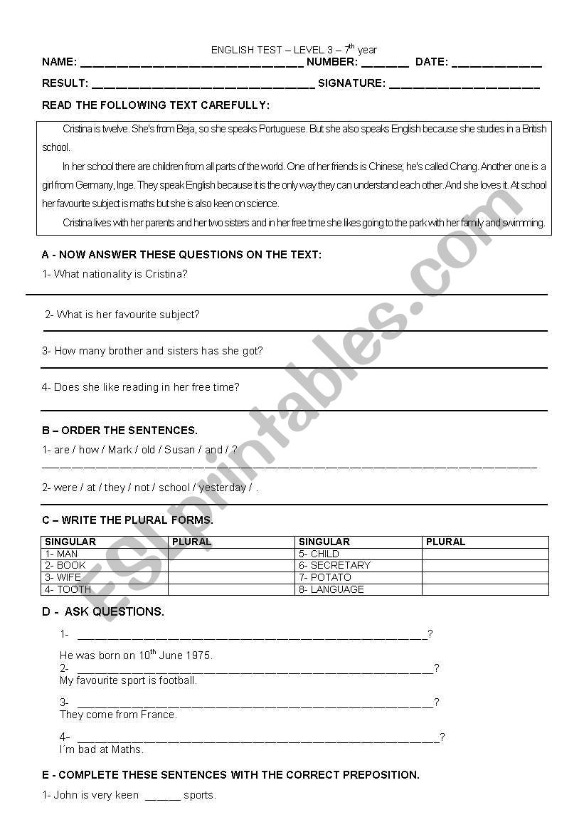 personal identification worksheet