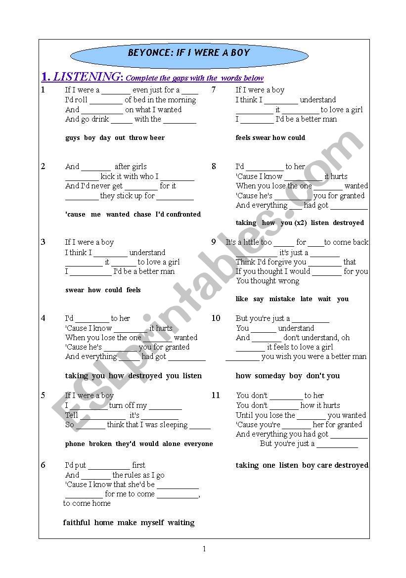 BEYONCE: IF I WERE A BOY worksheet