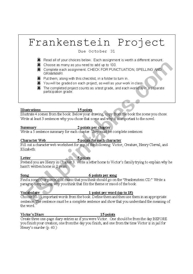 Frankenstein Project worksheet