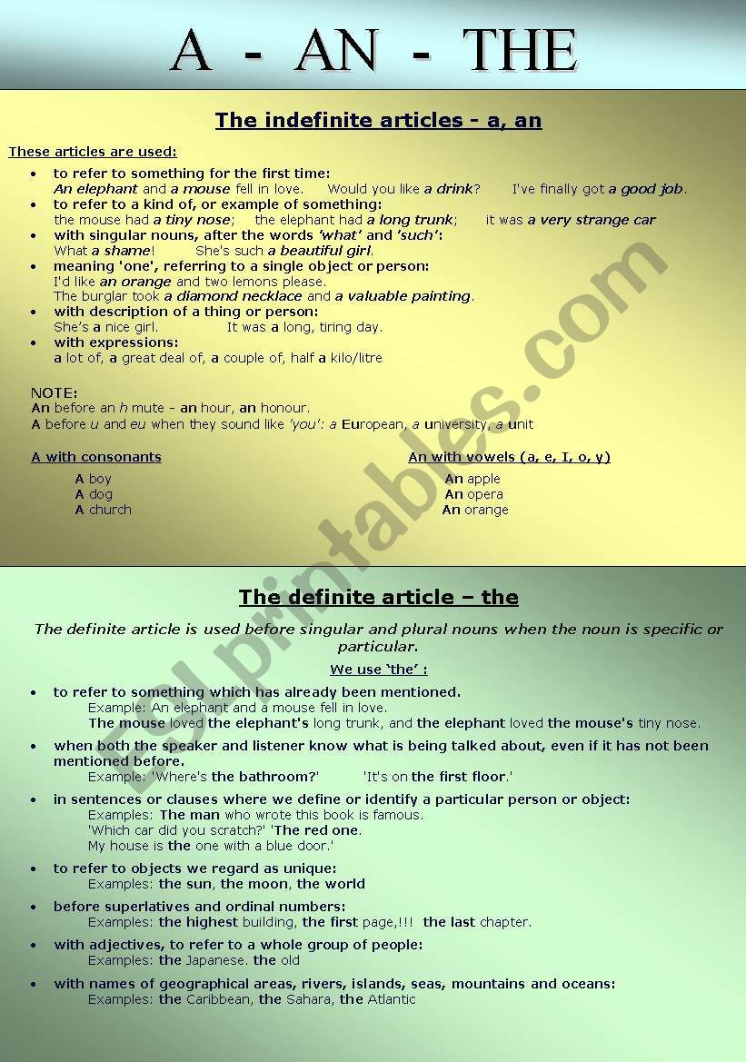 Articles - a, an, the  worksheet