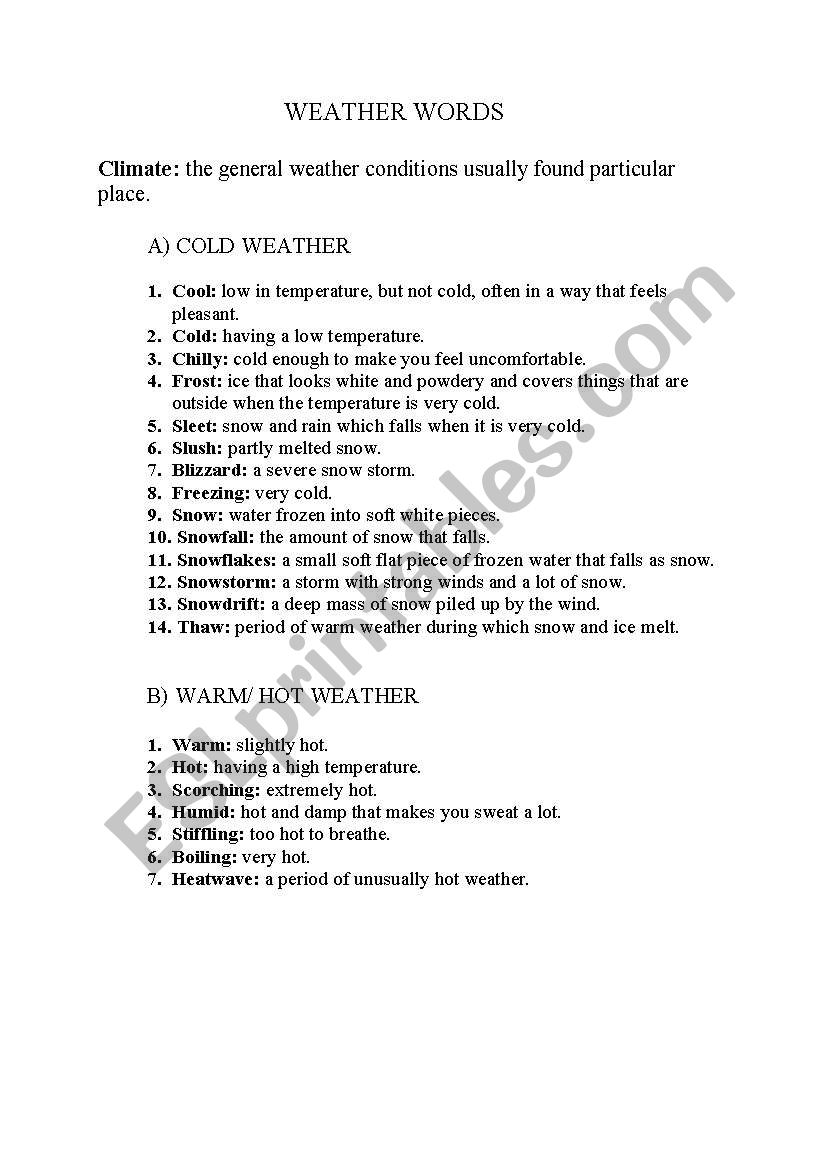 The Weather Vocabulary worksheet