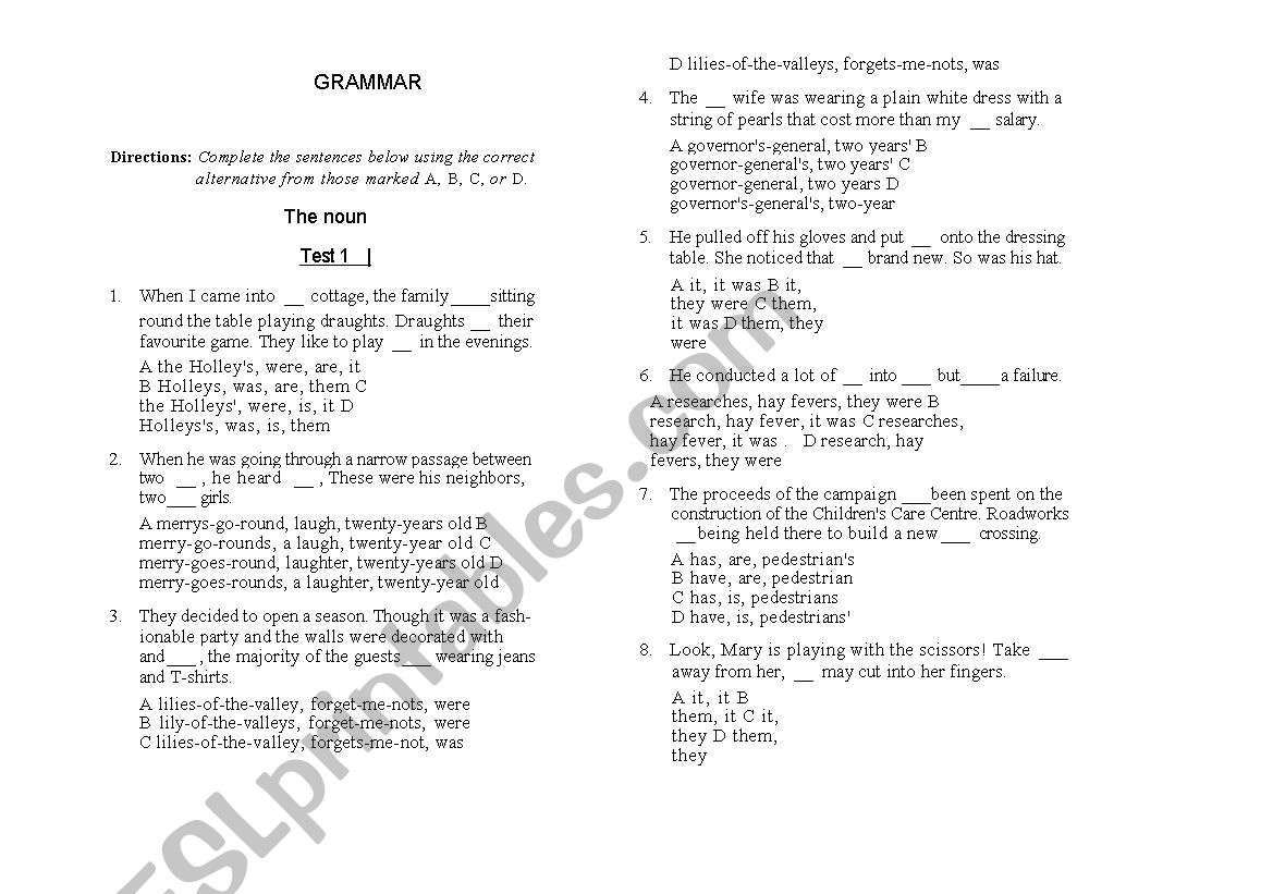 Grammar test. Nouns  worksheet