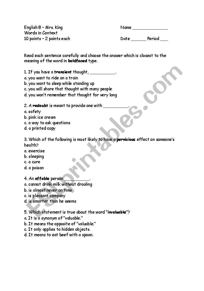 Context Clues worksheet