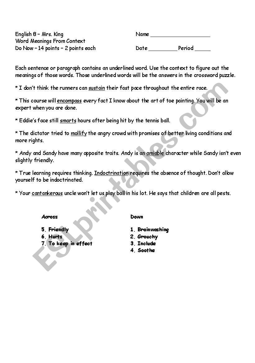 Word Meanings From Context 15 worksheet