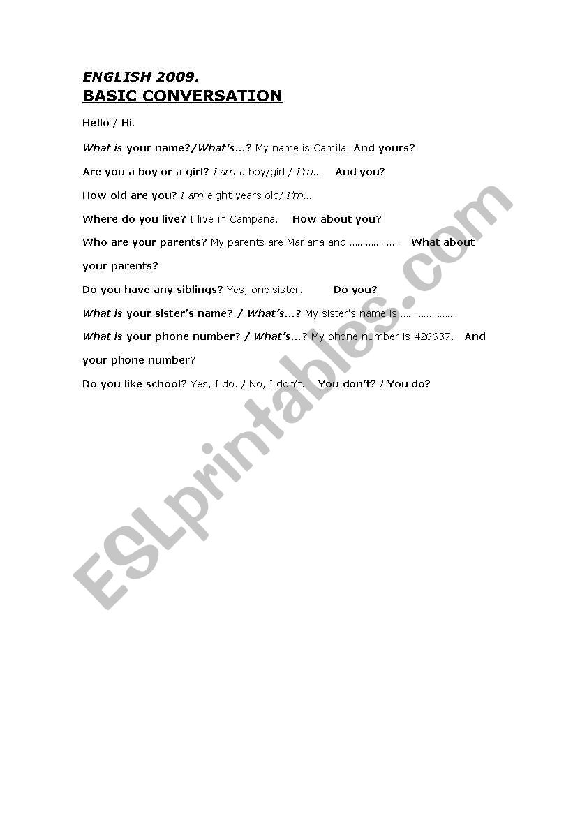Basic Conversation. Q&A  worksheet