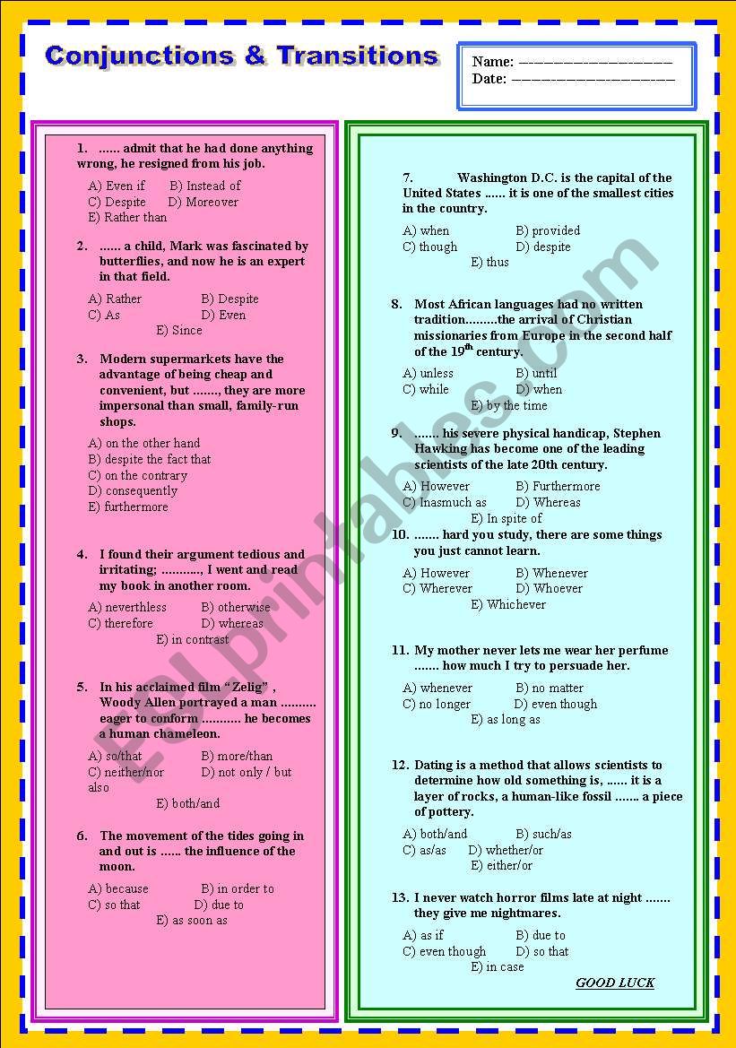 CONJUNCTIONS & TRANSITIONS (WELL QUALIFIED QUESTIONS)