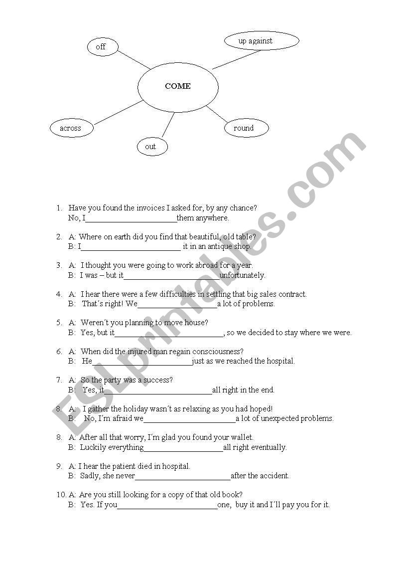 Pharasal verb - COME worksheet