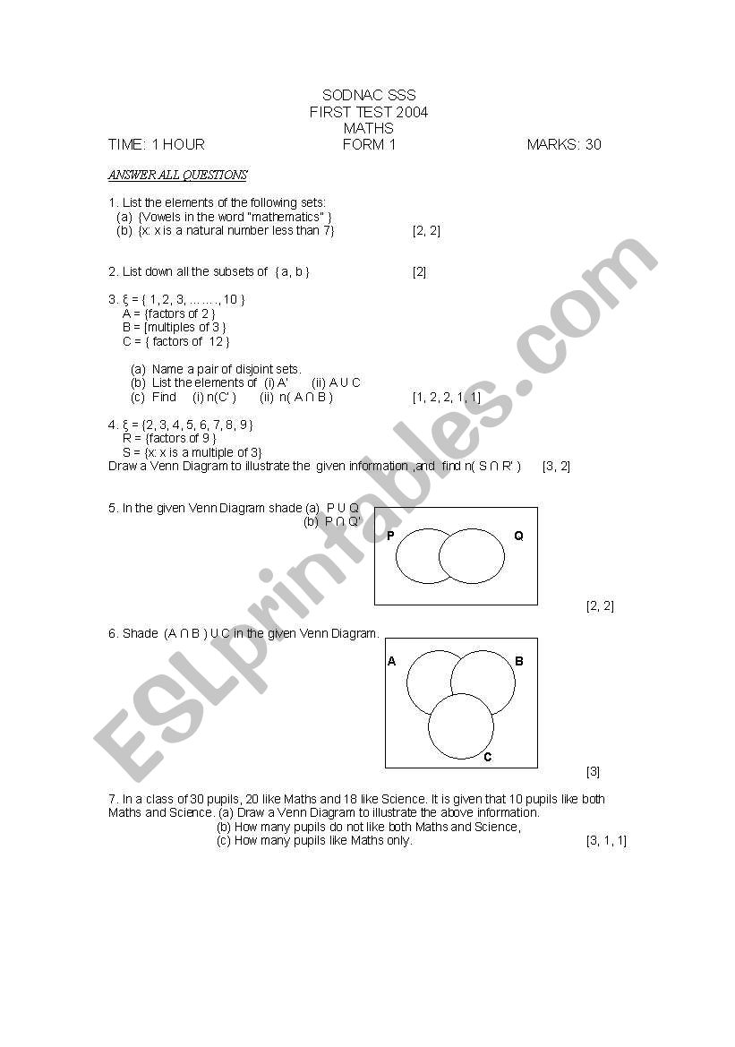 sets worksheet