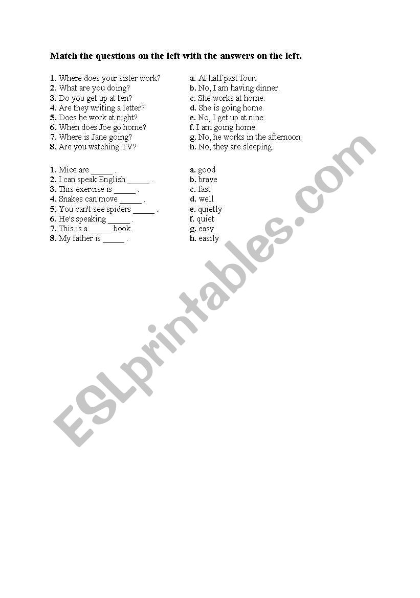 Match questions and answers worksheet