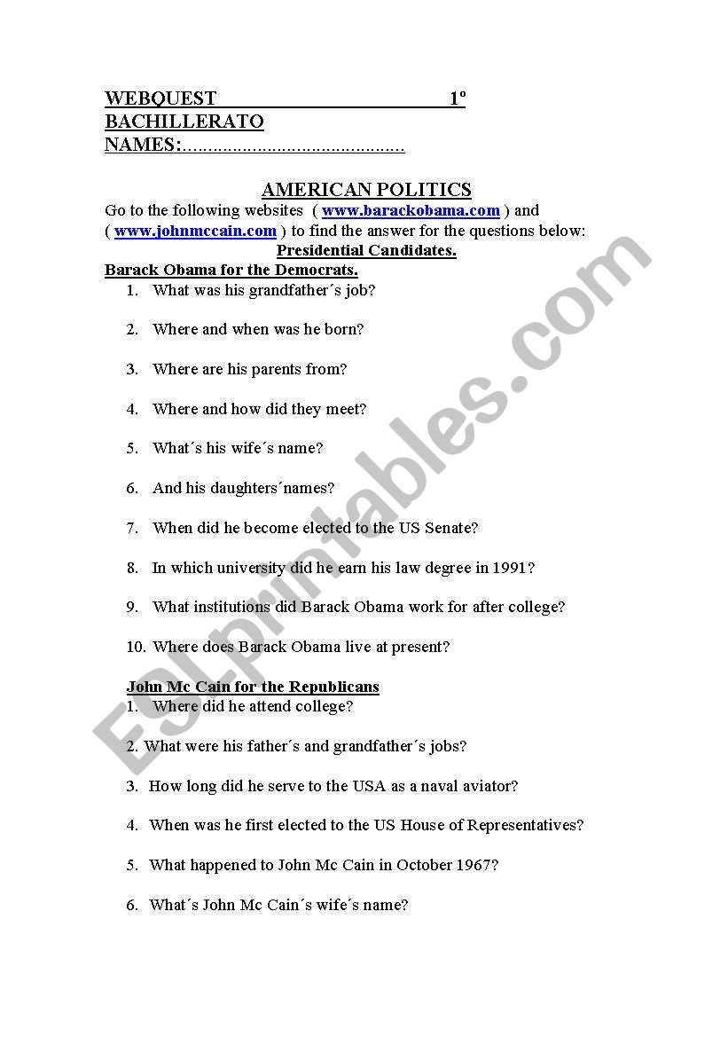 AMERICAN POLITICS WEBQUEST worksheet