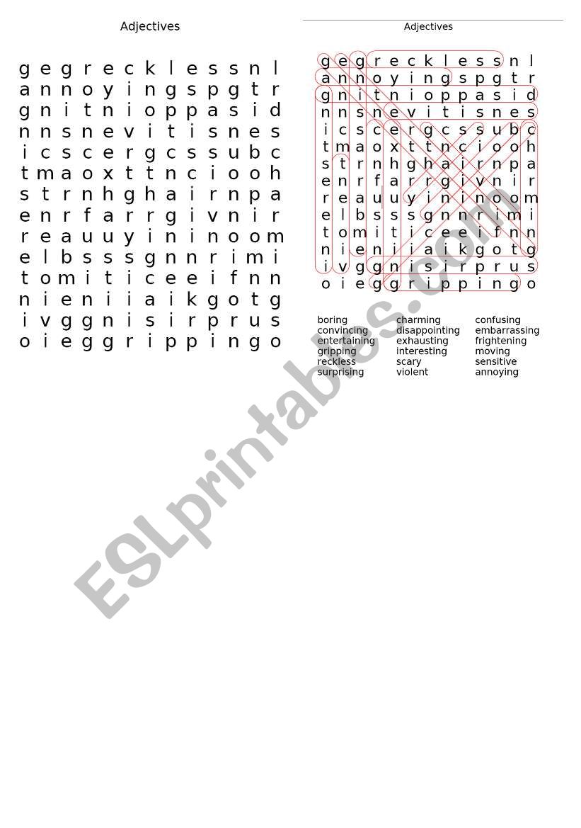 wordsearch on adjectives worksheet