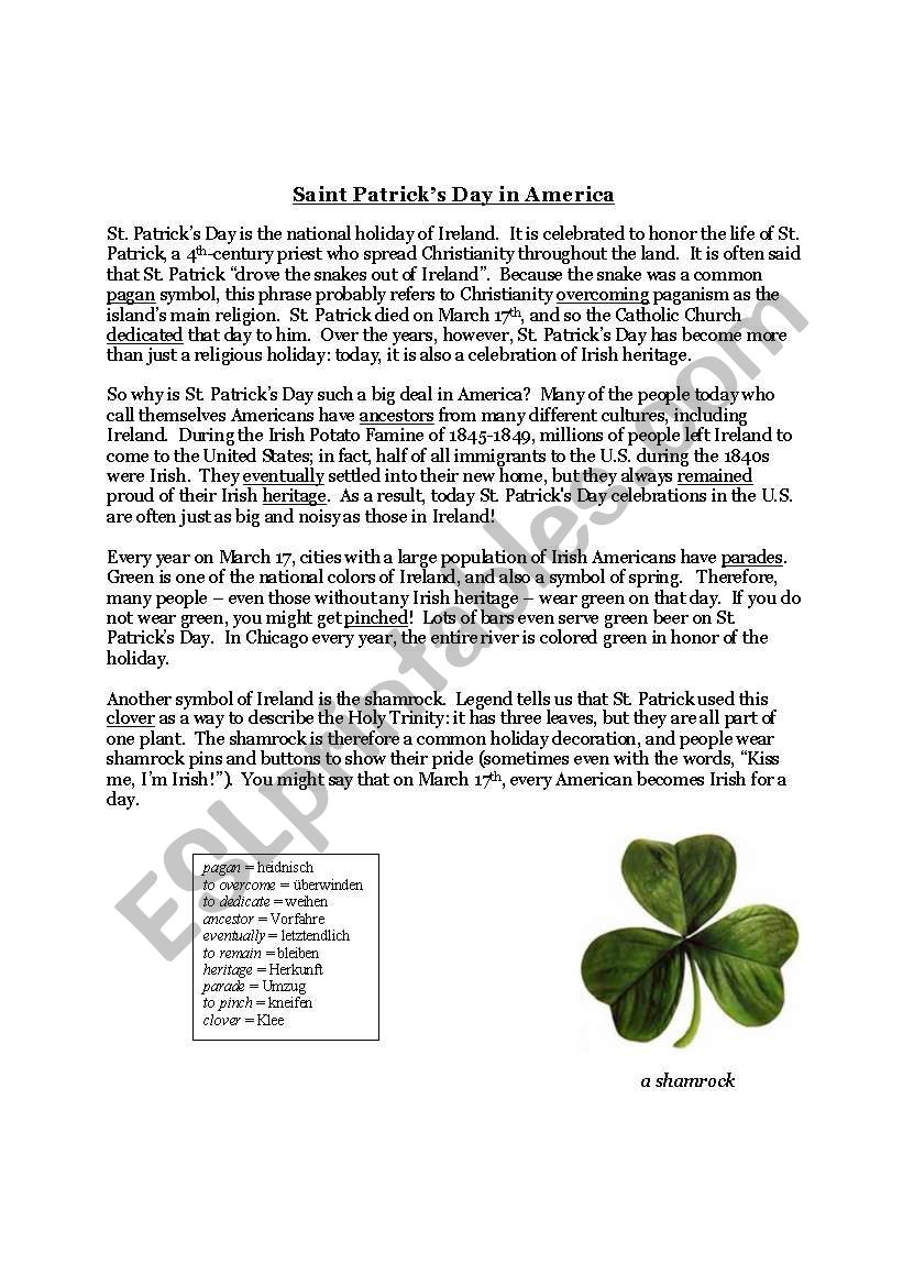 St. Patricks Day in America worksheet