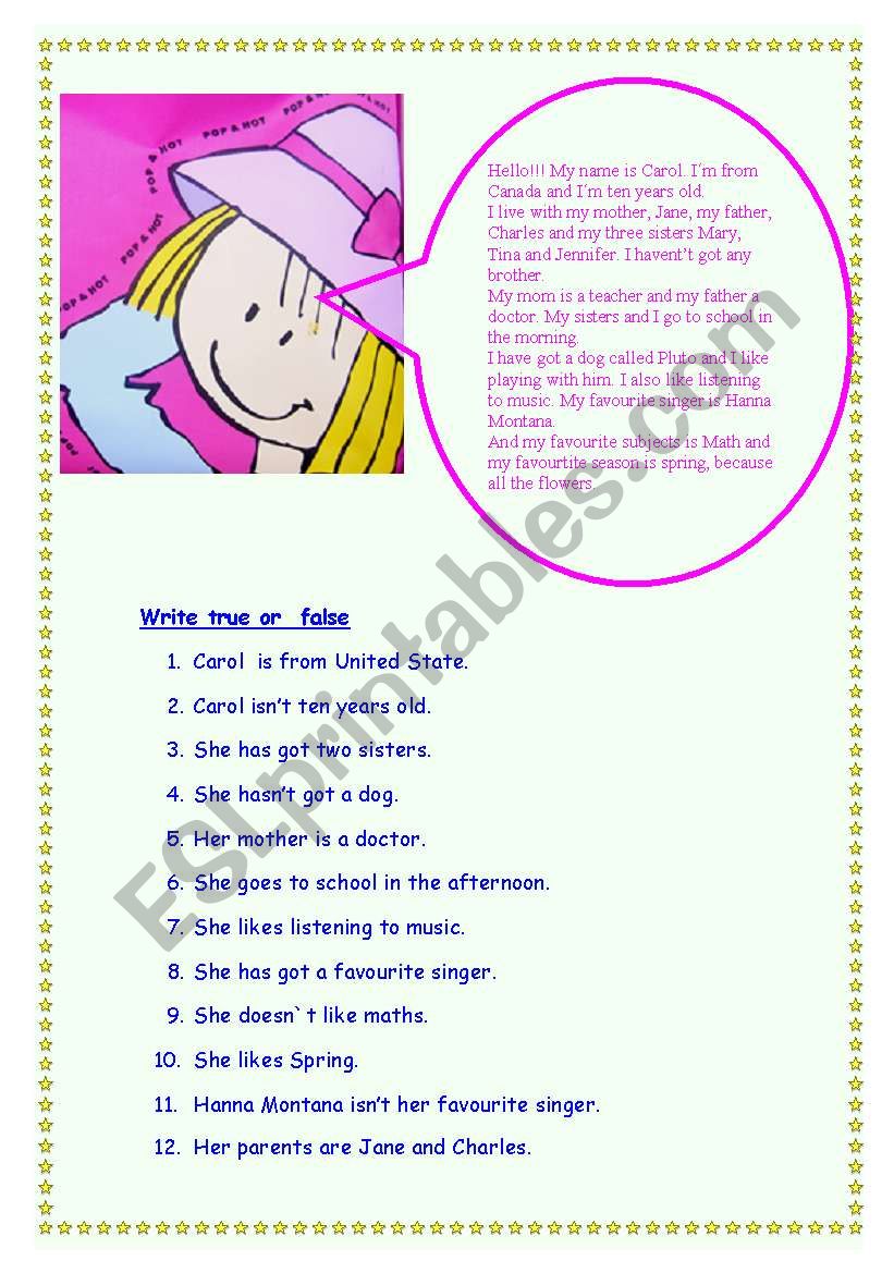 Carols life worksheet