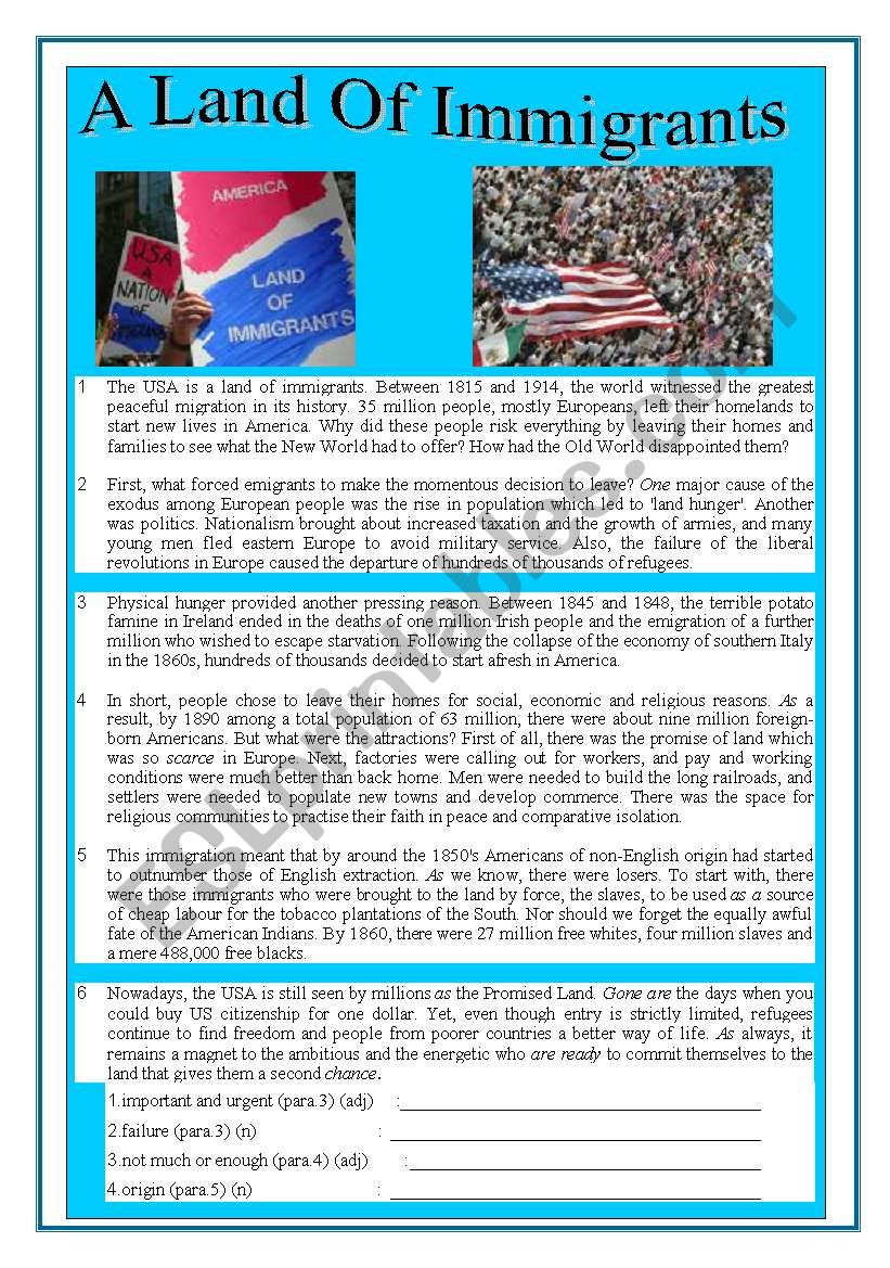 (AMERICA) A LAND OF IMMIGRANTS  READING , LISTENING AND VOCABULARY ACTIVITY FOR ADVANCE STUDENTS BOTH INFORMATIVE AND POPULAR TOPIC 