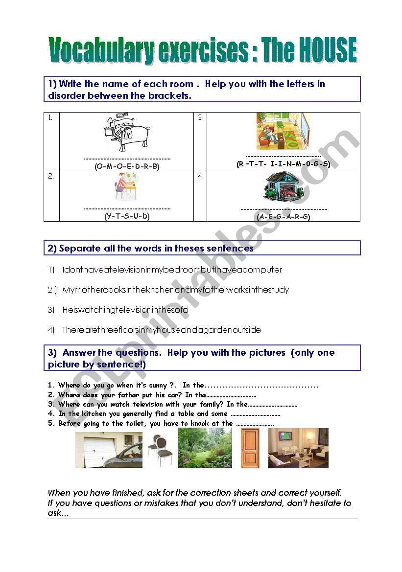 Vocabulary exercises : the house  + correction sheet