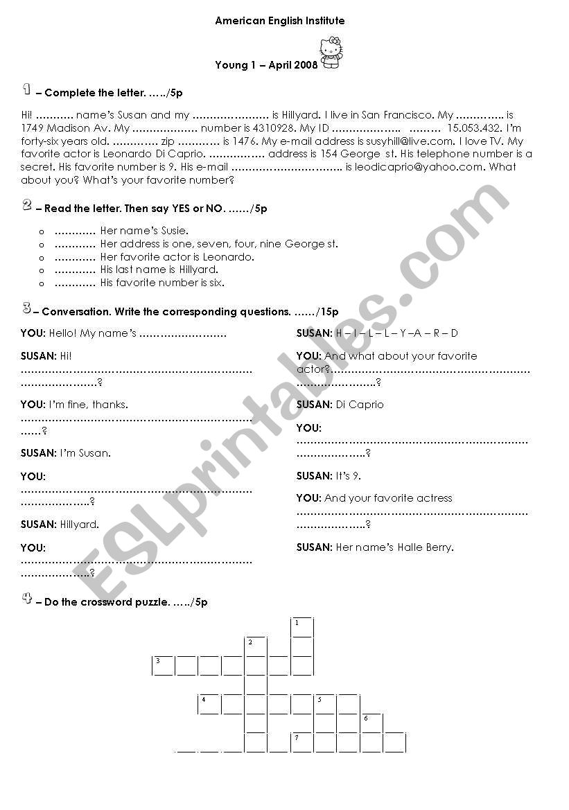Personal info and more worksheet