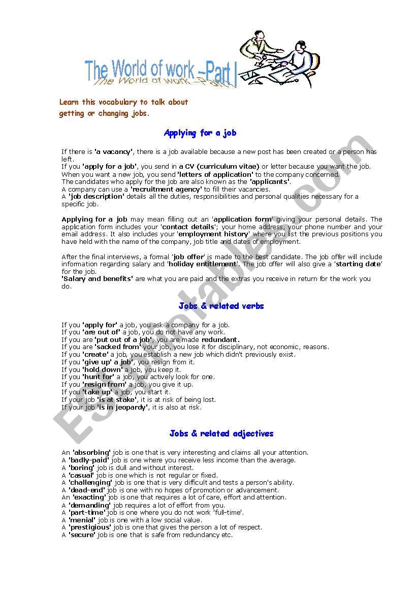 The World of Work worksheet