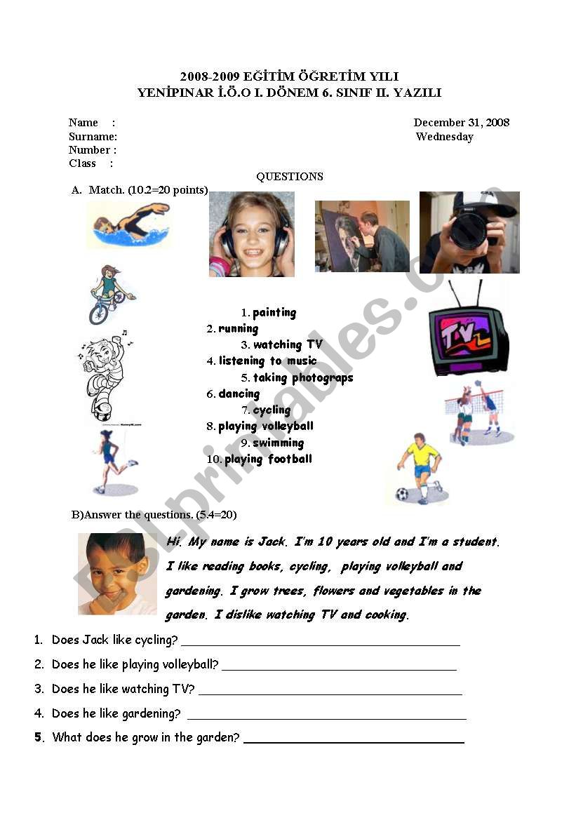 hobbies worksheet