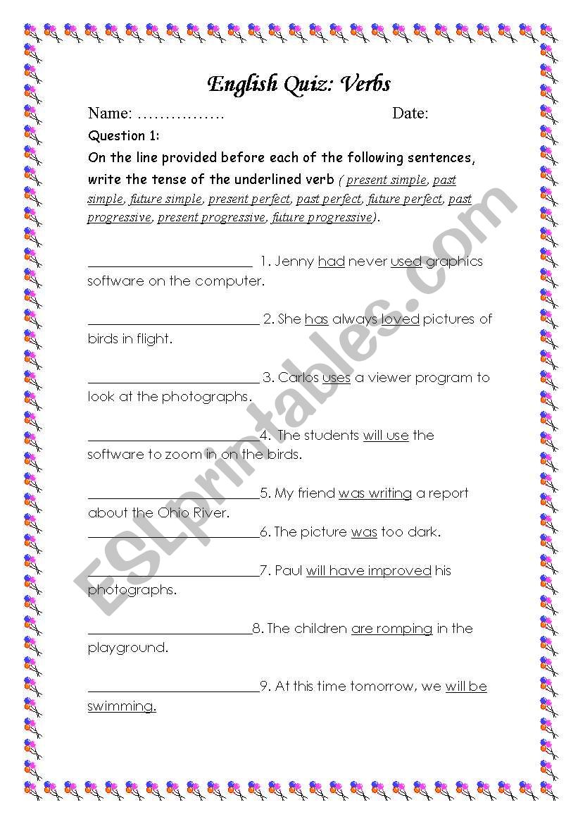 grammer (verbs) test/worksheet