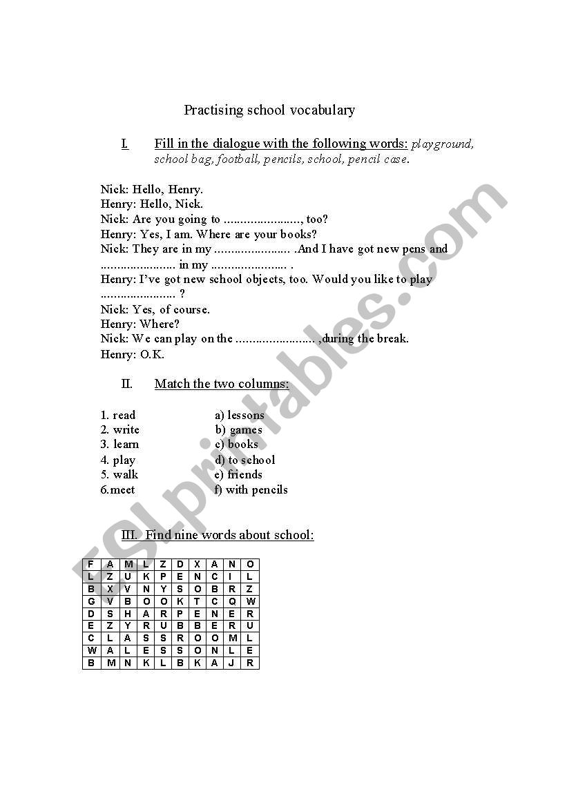 Practising school vocabulary worksheet