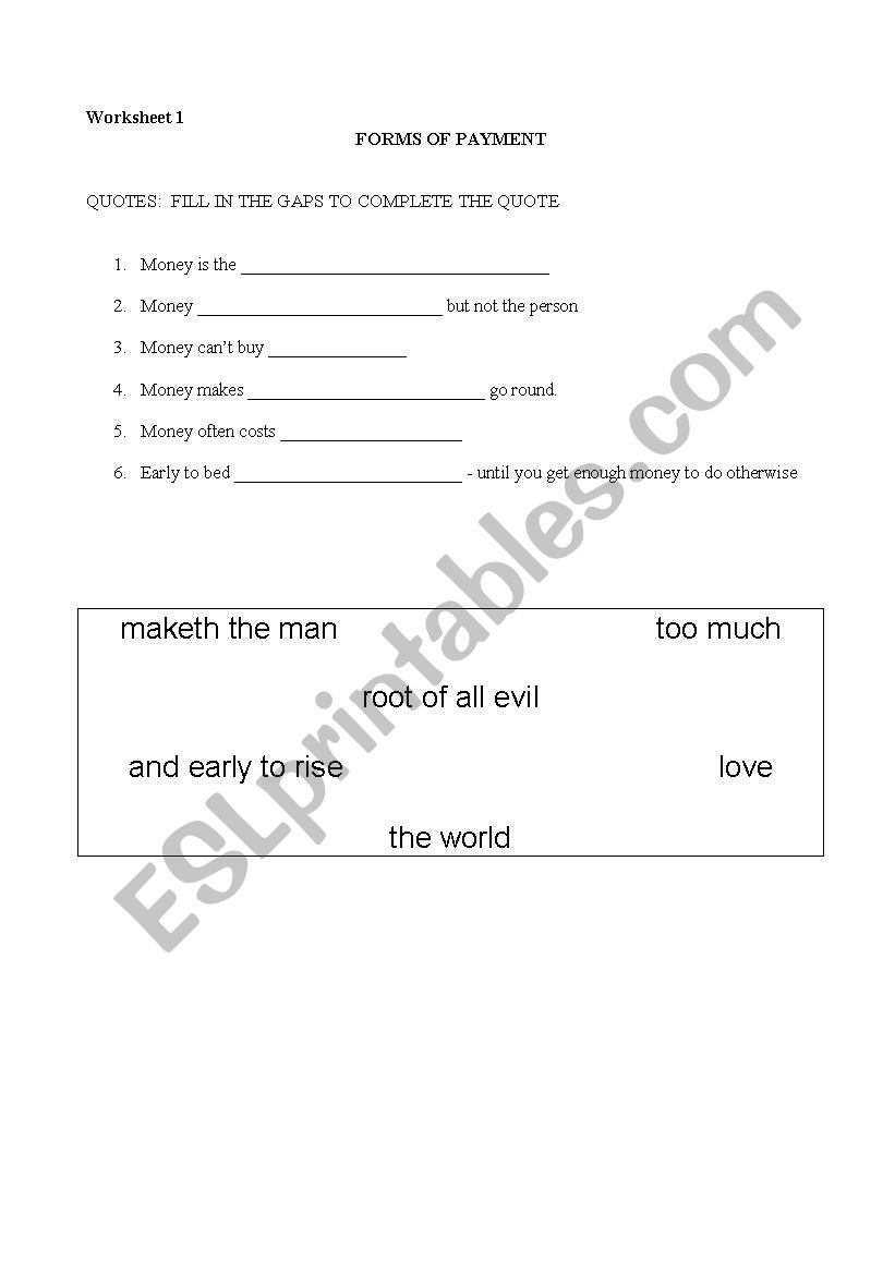 Forms of Payment worksheet