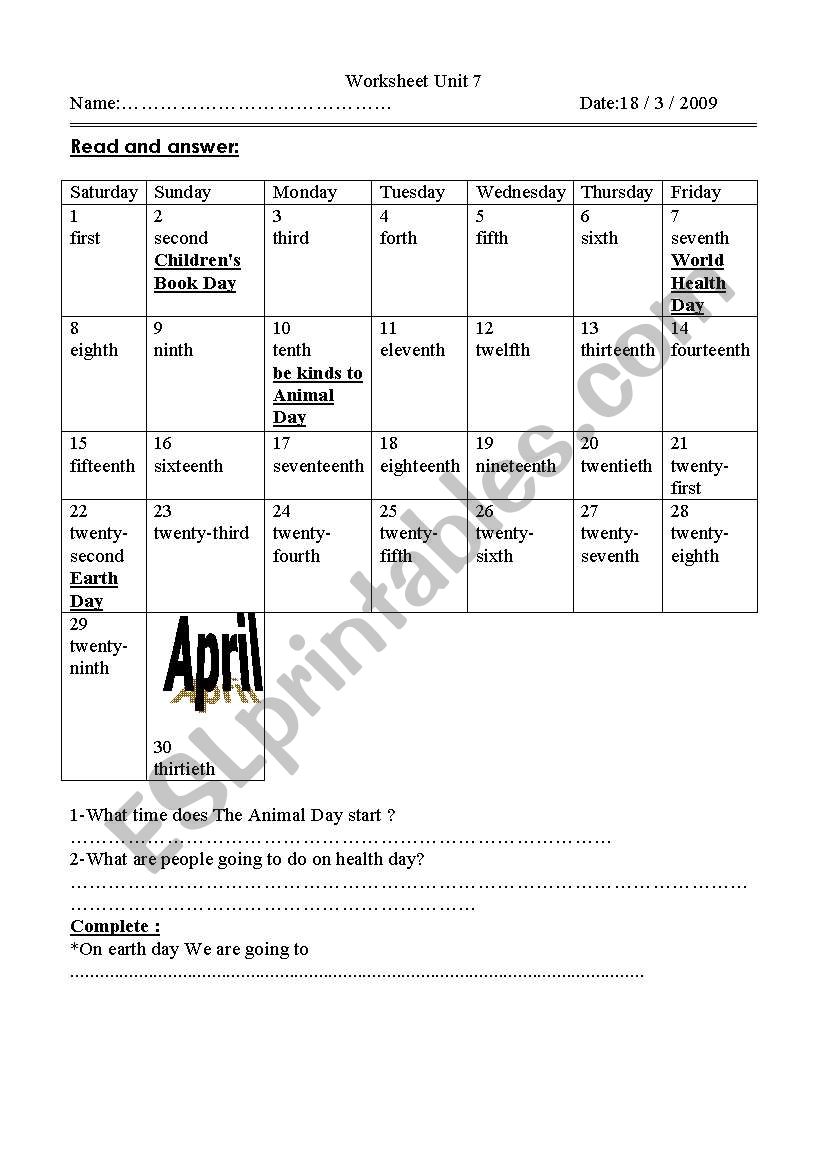  calendar worksheet