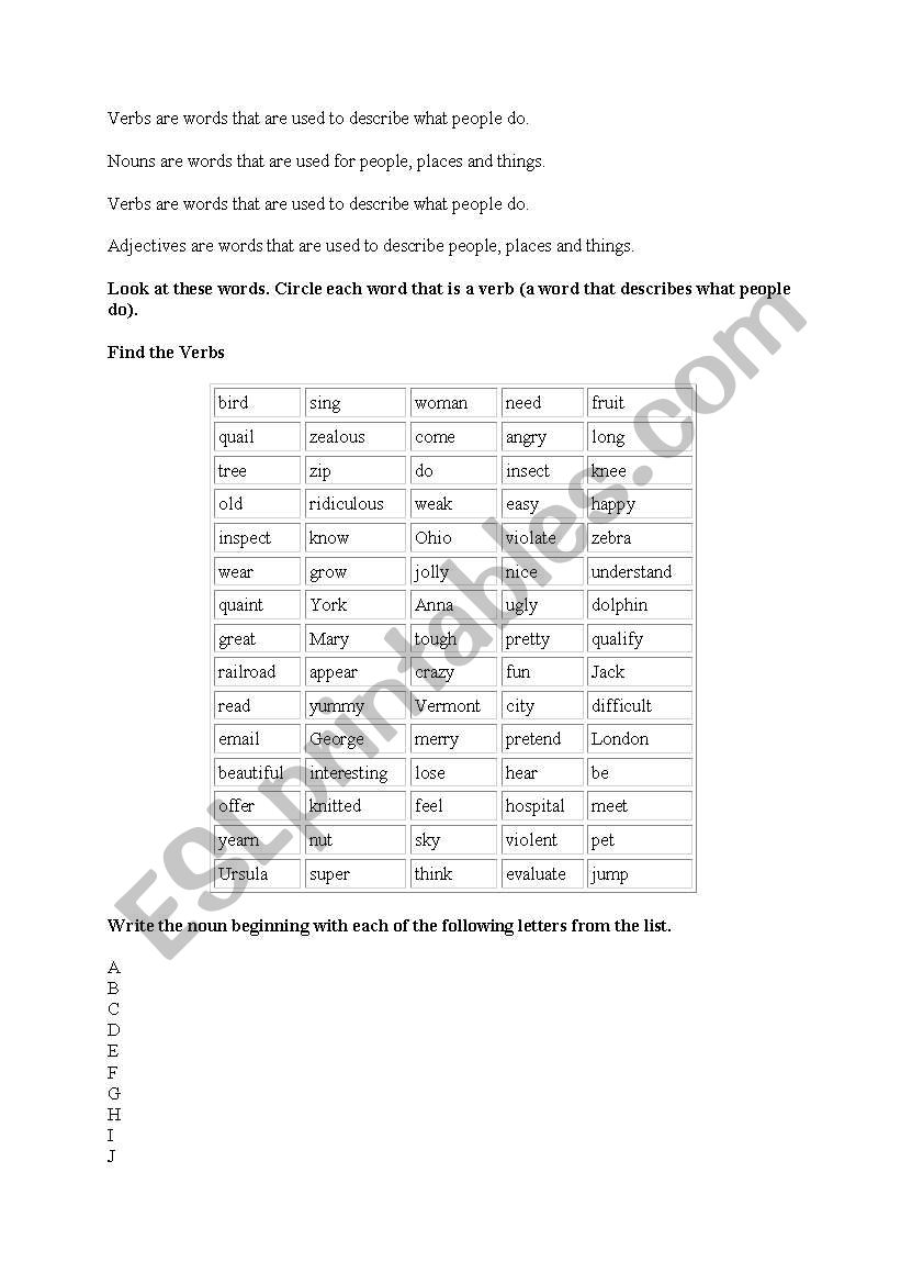 verbs nouns adjectives worksheet