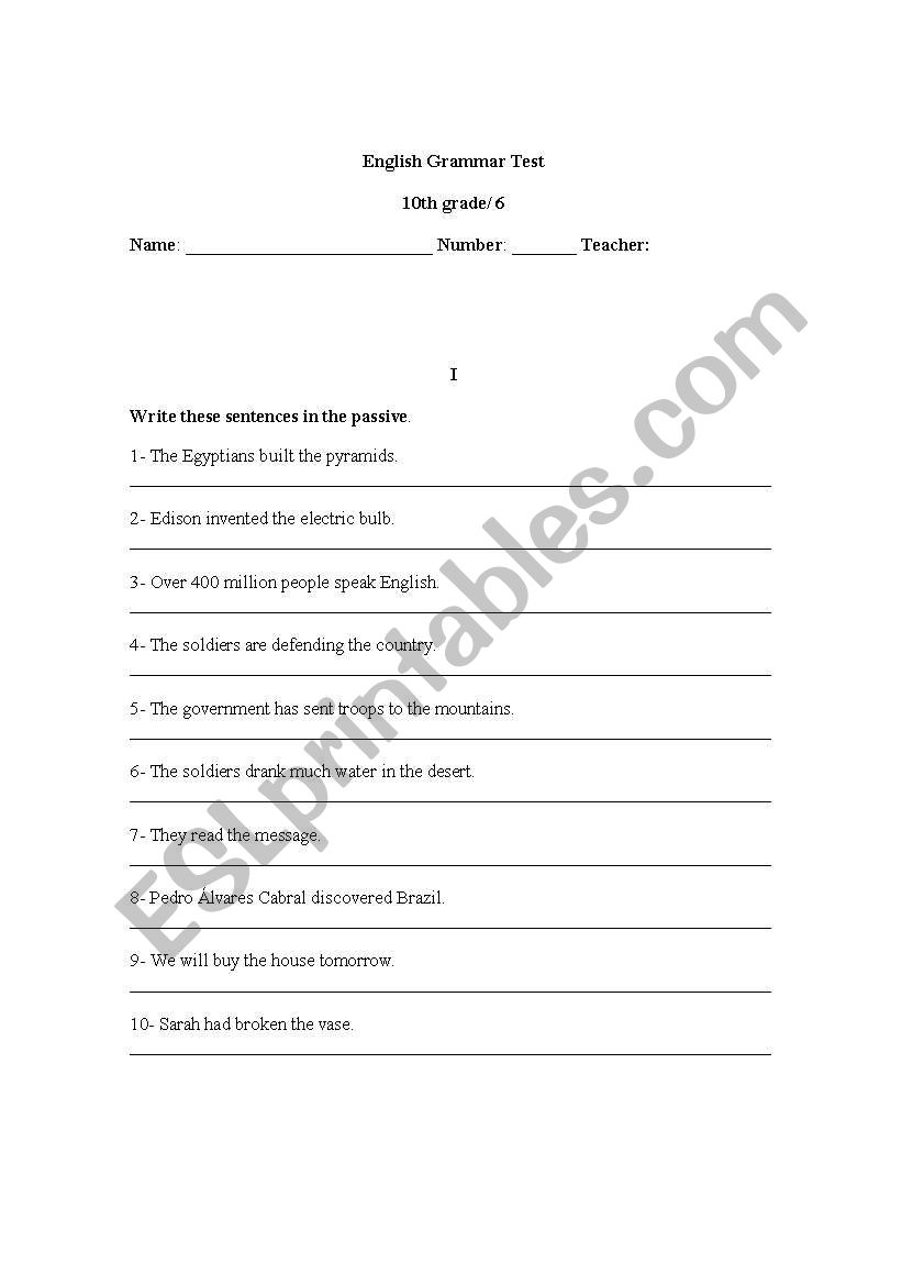 Grammar test worksheet