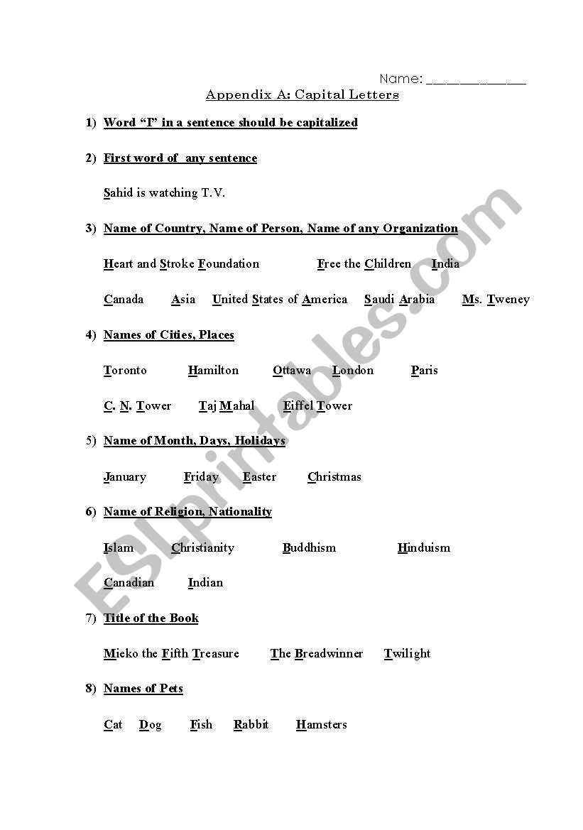 Capital Latters worksheet