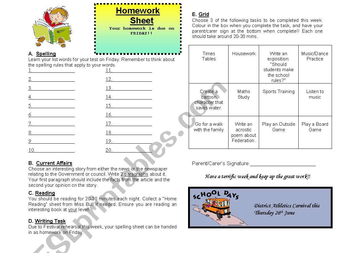 Homework Sheet worksheet