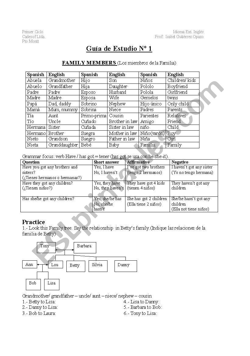 family worksheet