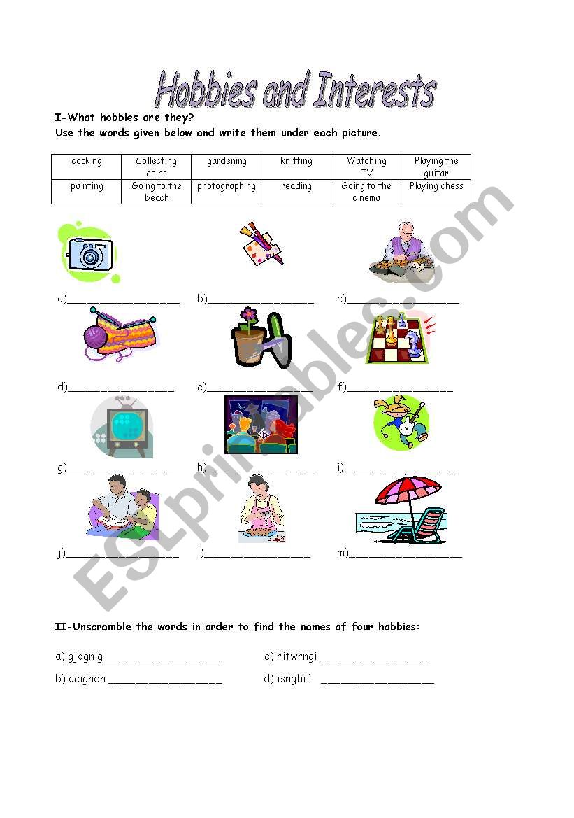 Hobbies worksheet