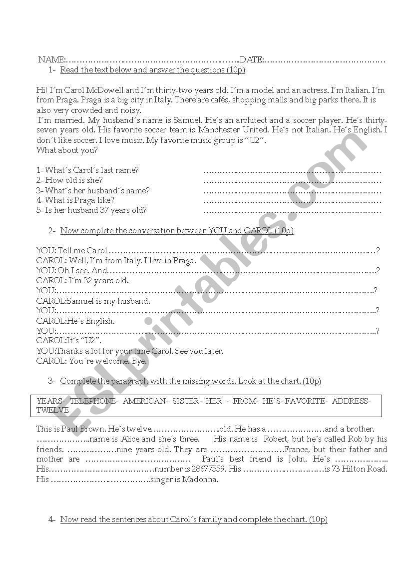 adolescents starter worksheet