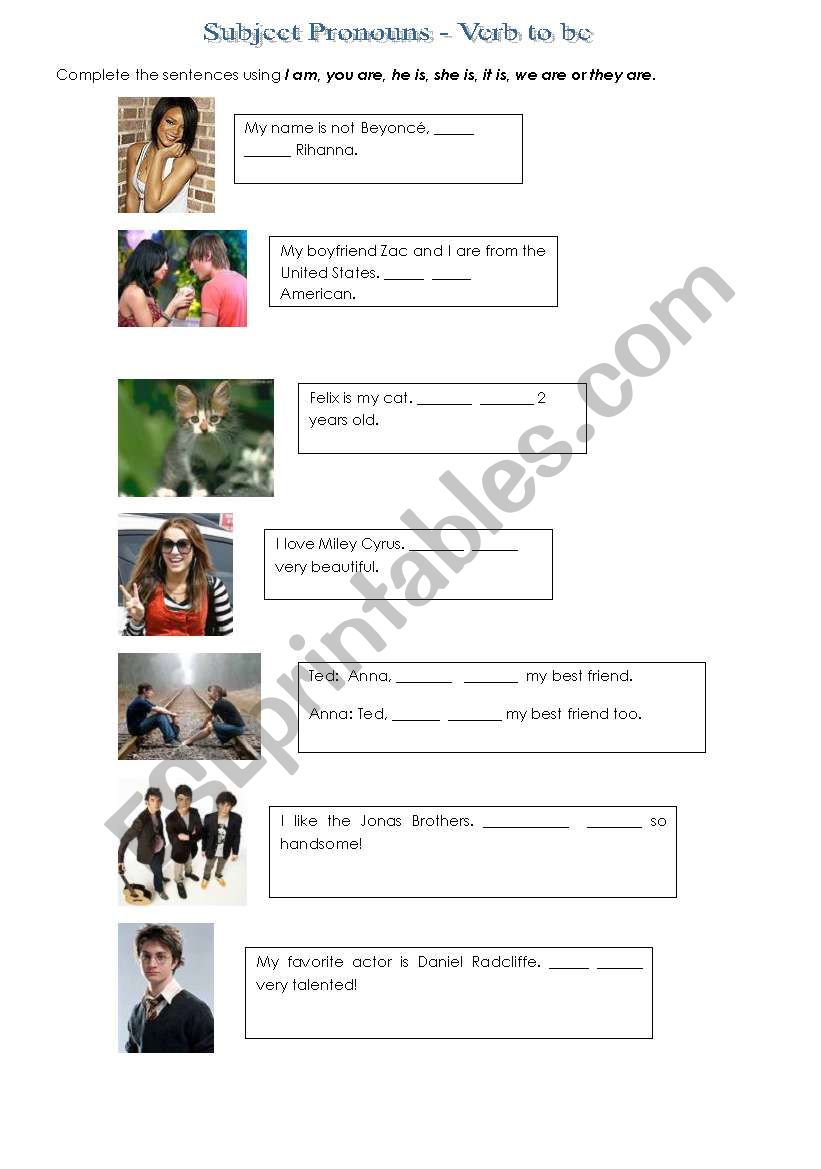 Subject pronouns - verb to be worksheet